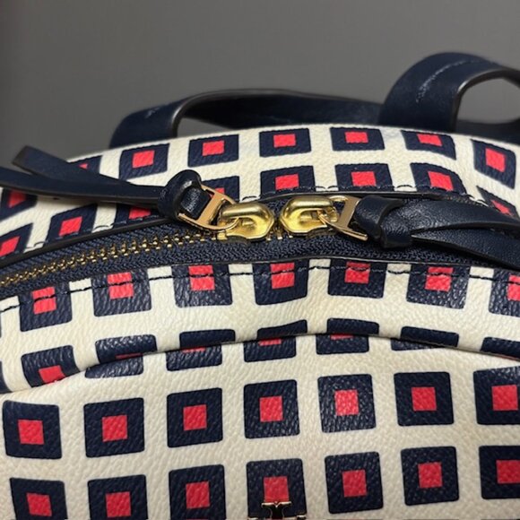 Tory Burch Kerrington Milano Square Backpack Geo Print Navy Red | EUC - Picture 6 of 9